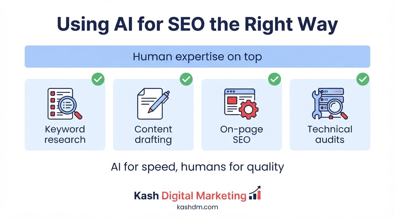 How to use AI for SEO: keyword research, content drafting, on-page and technical audits, always with human expertise on top.