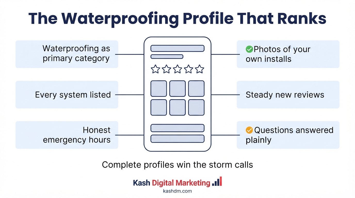 Google Business Profile optimization for waterproofing companies: correct category, services listed, real job photos, honest hours and answered questions.