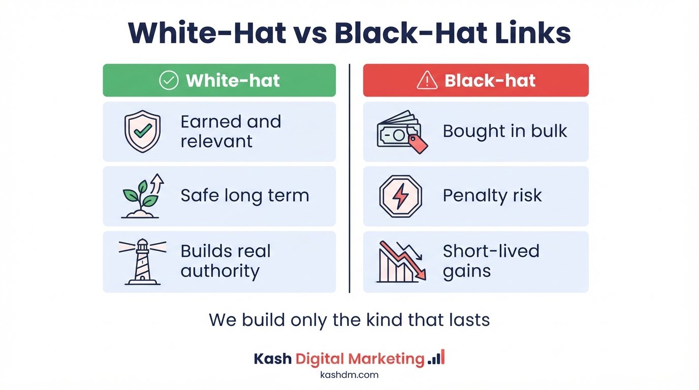 White hat link building versus black hat tactics: earned authority versus penalty risk.