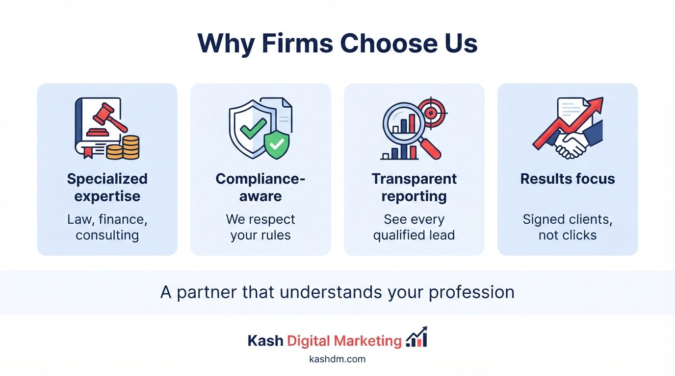 Why choose Kash Digital Marketing for professional services SEO: specialized expertise across law, finance and consulting.