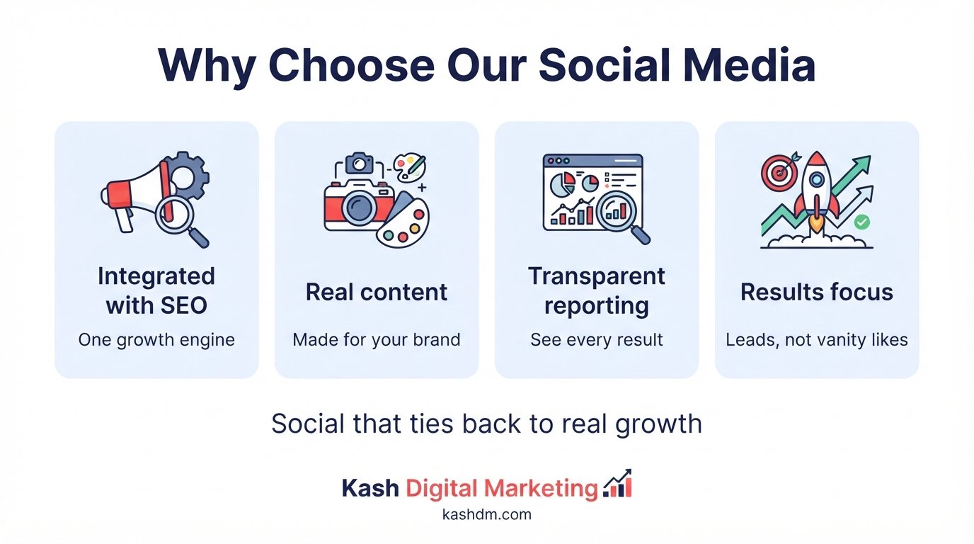 Why choose Kash Digital Marketing for social media marketing: specialization, real content and measurable results.
