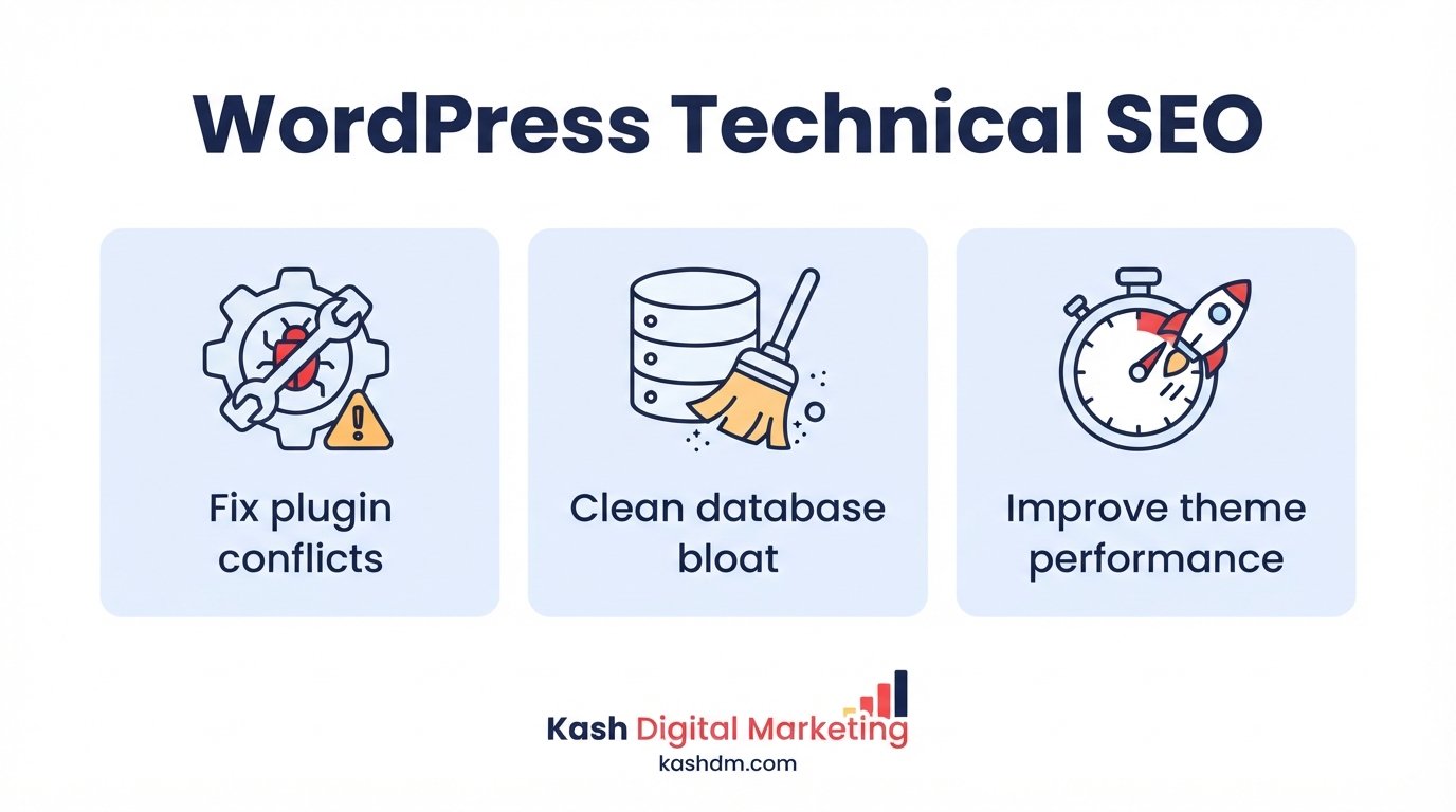 WordPress technical SEO: fixing plugin conflicts, database bloat, and theme performance issues.