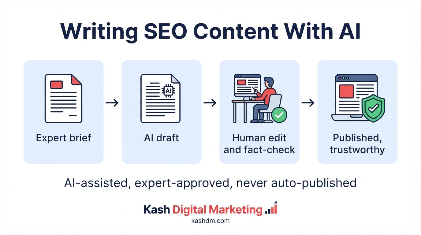 How to write SEO content with AI without penalties: expert briefs, human editing, fact-checking and genuine added value.