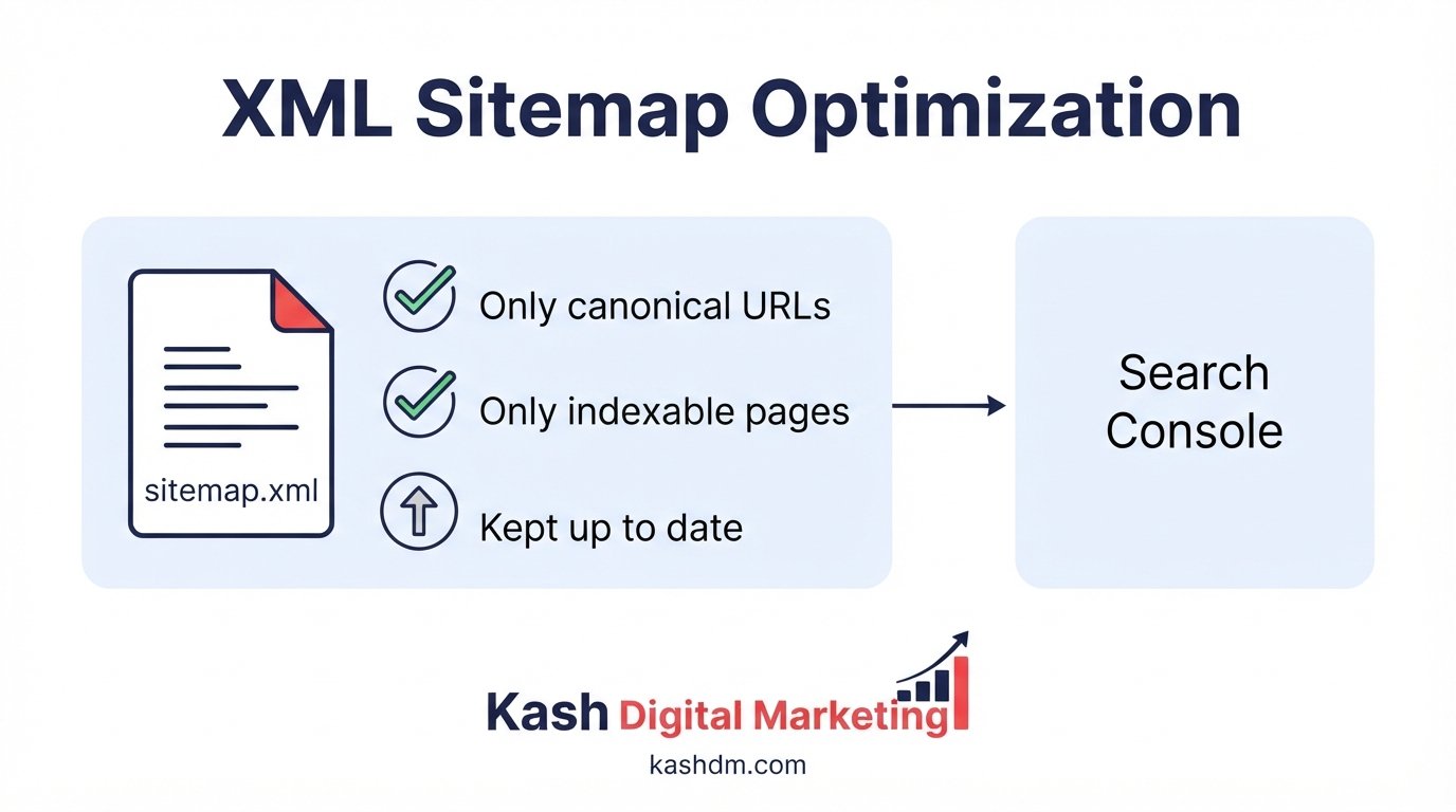 XML sitemap setup and optimization: a clean sitemap of canonical indexable URLs submitted to Google Search Console.